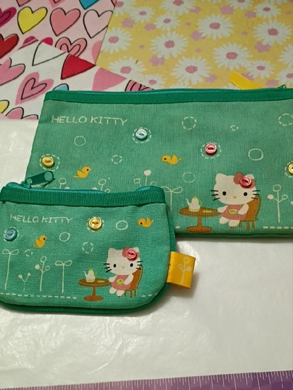 Hello Kitty Teal Green Zip Pouch Duo with Playful Print